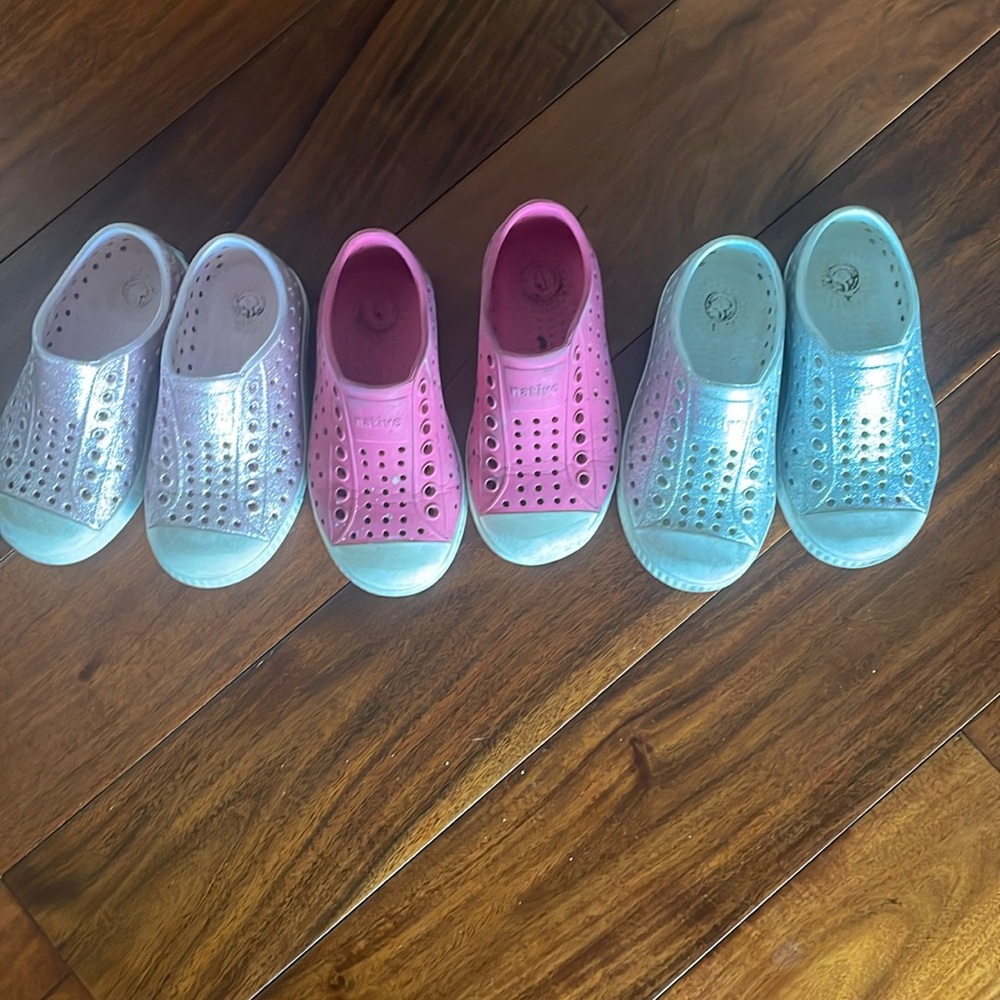 3 pairs native shoes c8 - sparkly pink, pink, sparkly silver